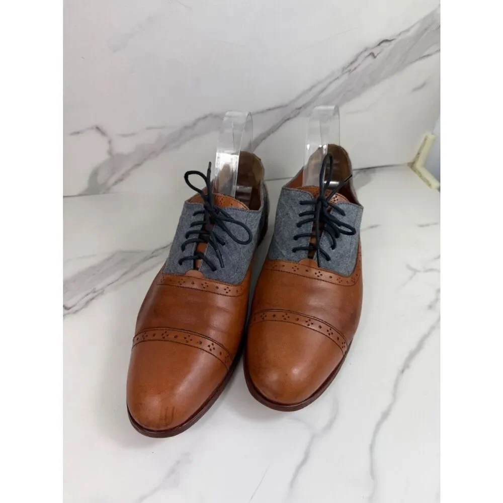 Cole Haan Men’s 10.5 Brown Leather Gray Canvas Cap Toe Oxford Shoes
